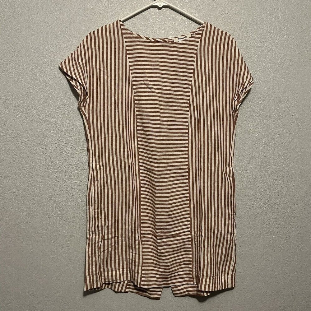 Madewell S Red White Stripe Play Button Back Linen Blend Shift Mini Dress G5305 - Picture 3 of 11